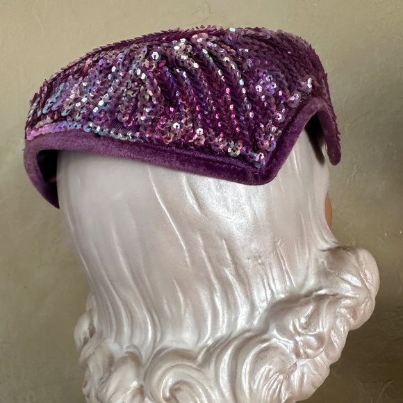 GLOWING 1950\'s PURPLE COCKTAIL HAT + SEQUINS/FEATHERS/FLOWERS/BROOCH main image 8